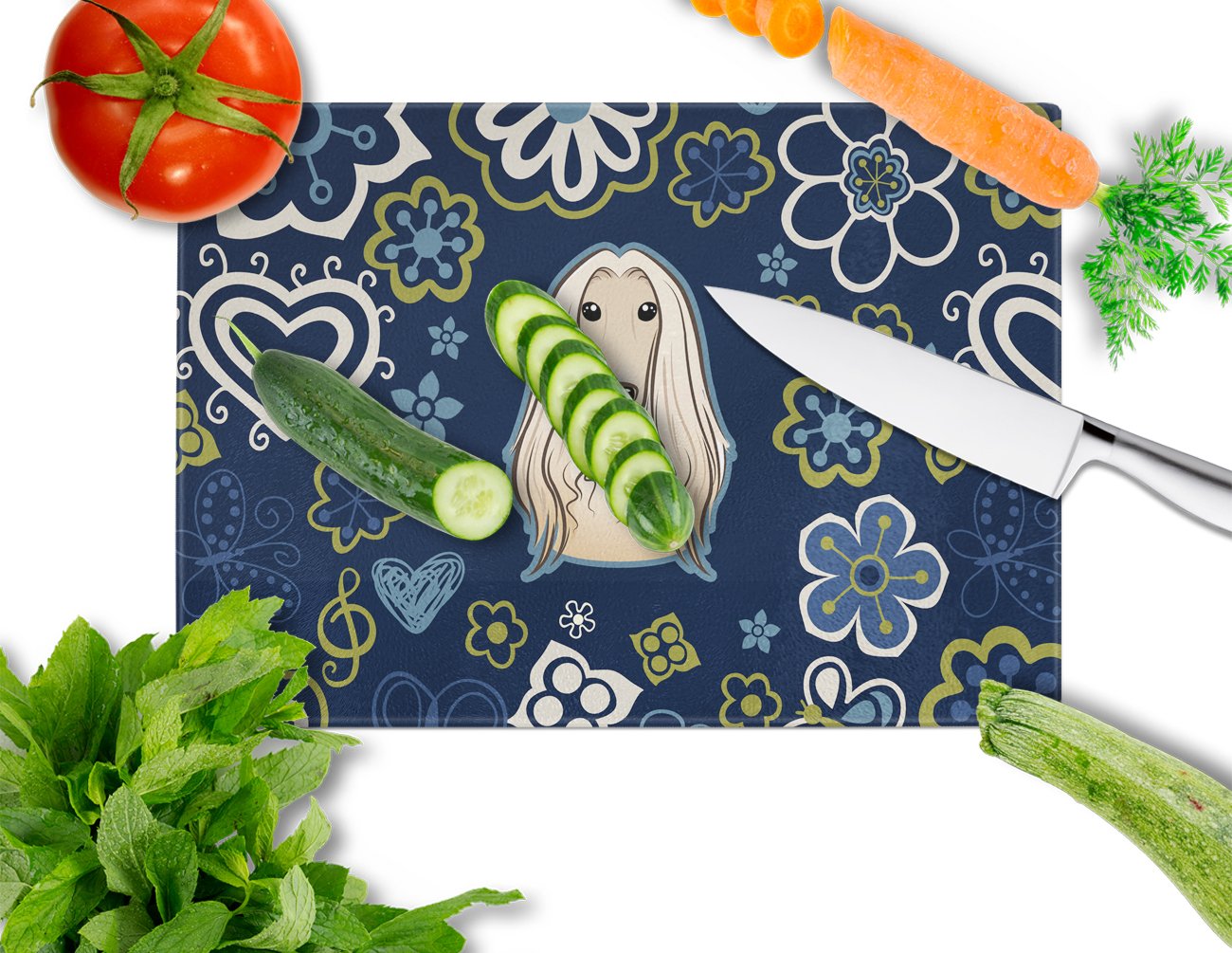 Caroline's Treasures Blue Flowers Afghan Hound Glass Cutting Boards – Durable, Decorative Kitchen Art Large BB5095LCB