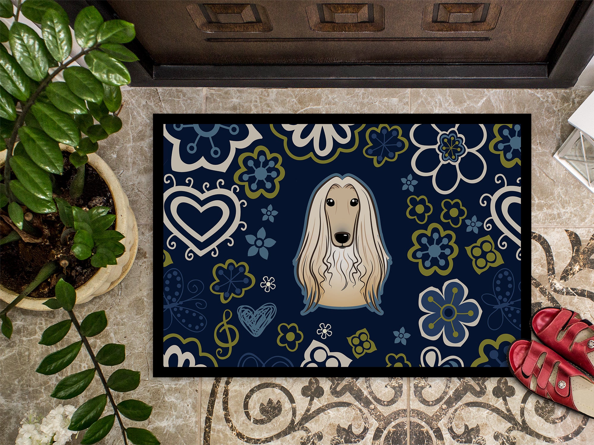 Blue Flowers Afghan Hound Indoor or Outdoor Mat 18x27 BB5095MAT - the-store.com