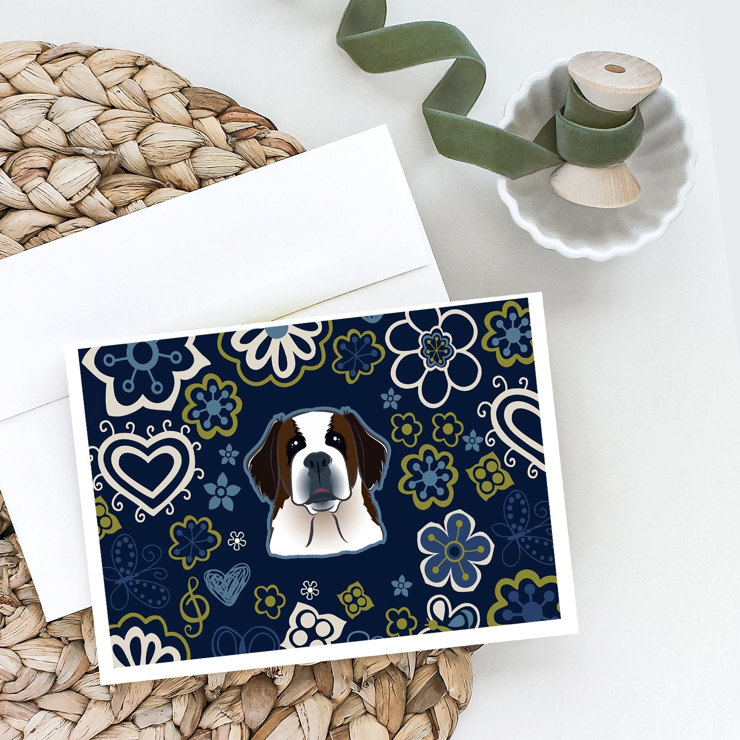 Buy this Blue Flowers Saint Bernard Greeting Cards and Envelopes Pack of 8
