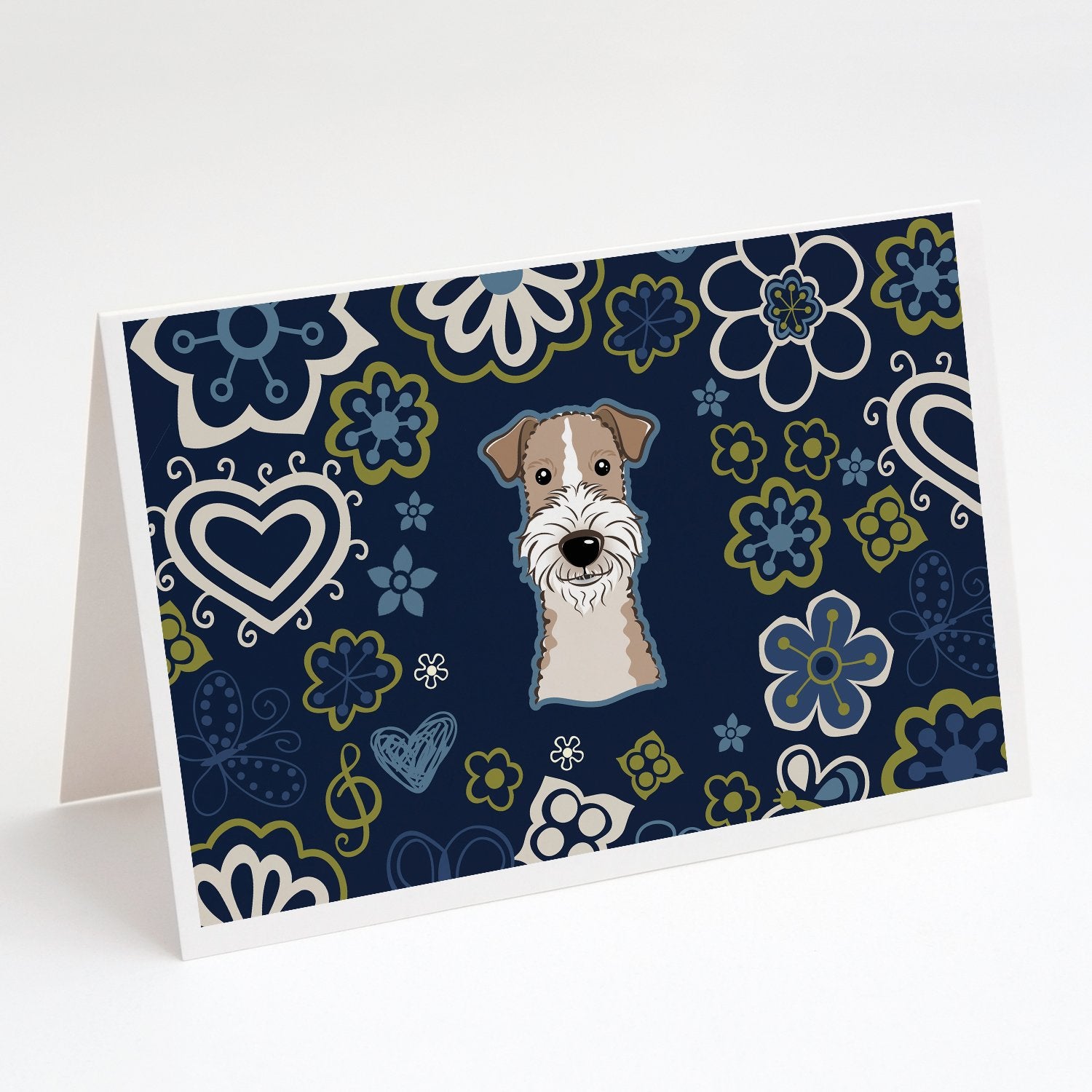 Buy this Blue Flowers Wire Haired Fox Terrier Greeting Cards and Envelopes Pack of 8