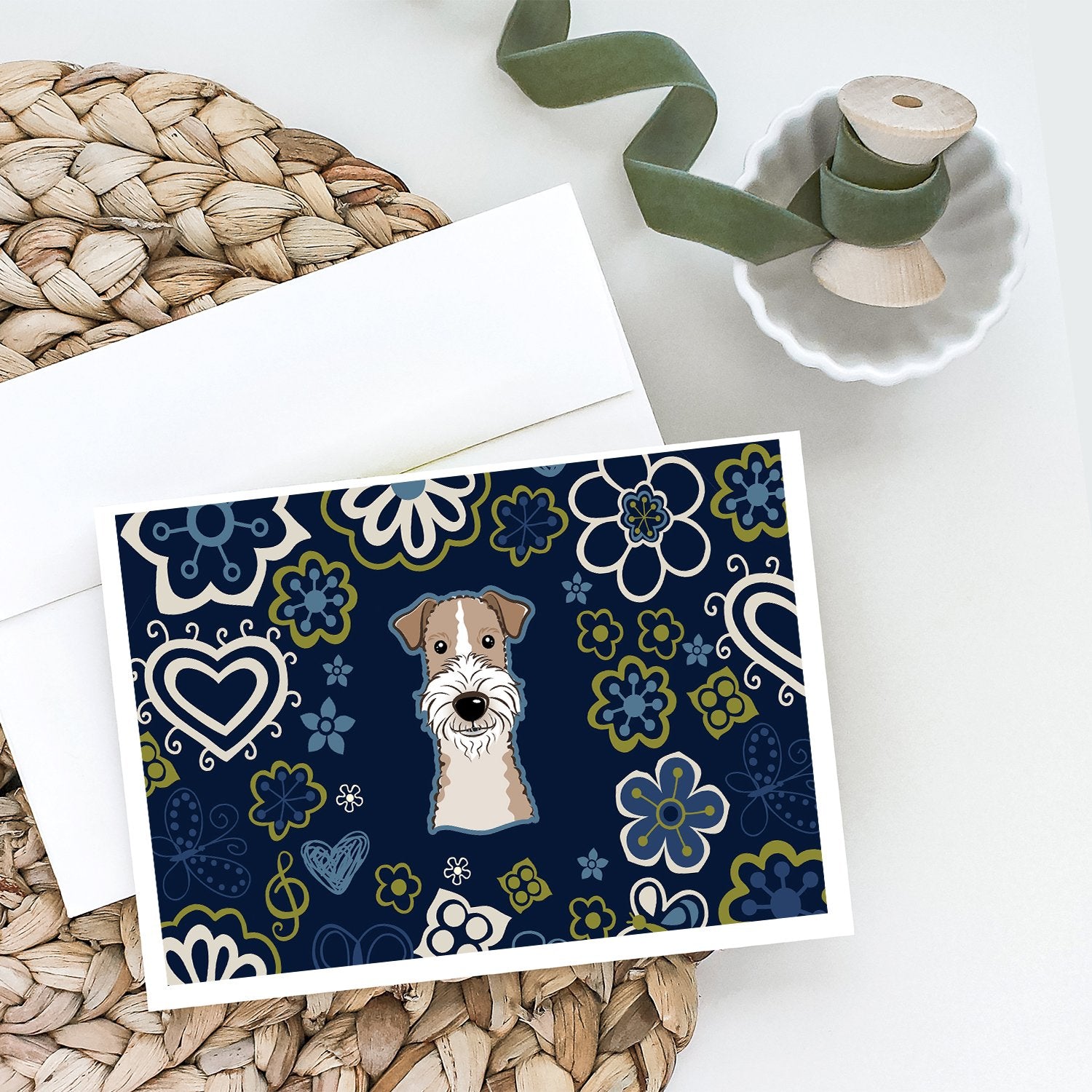 Buy this Blue Flowers Wire Haired Fox Terrier Greeting Cards and Envelopes Pack of 8