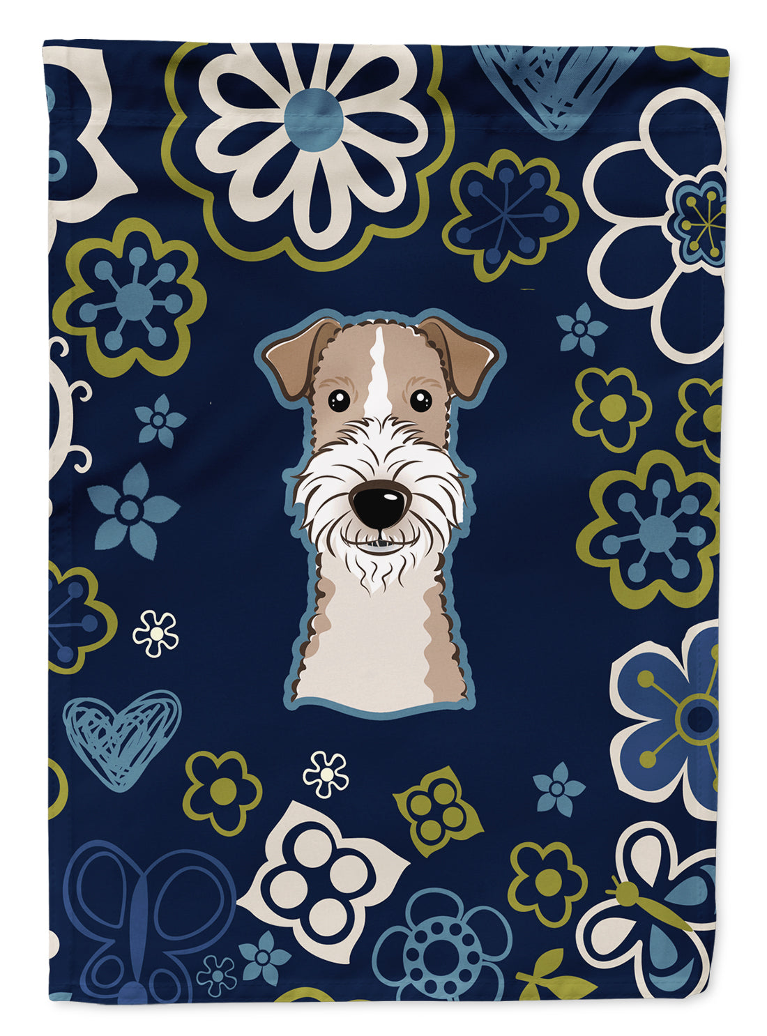 Blue Flowers Wire Haired Fox Terrier Flag Garden Size BB5098GF  the-store.com.