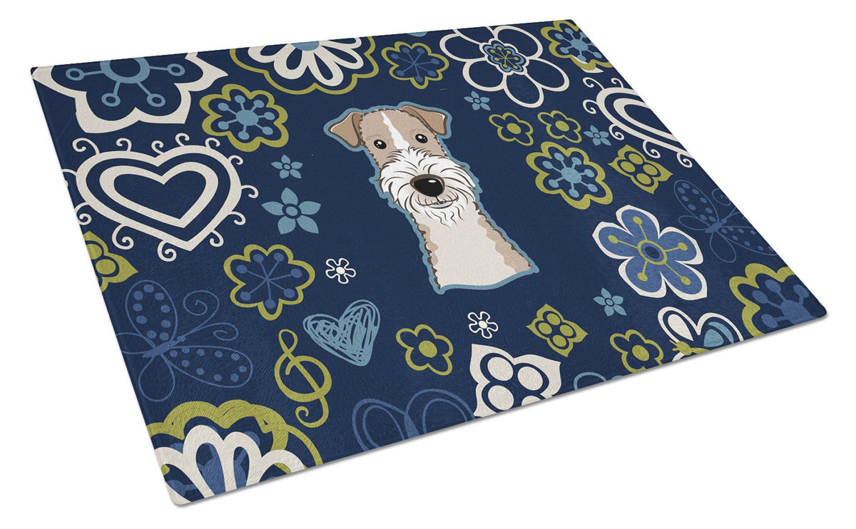 Blue Flowers Wire Haired Fox Terrier Glass Cutting Board Large BB5098LCB by Caroline&#39;s Treasures