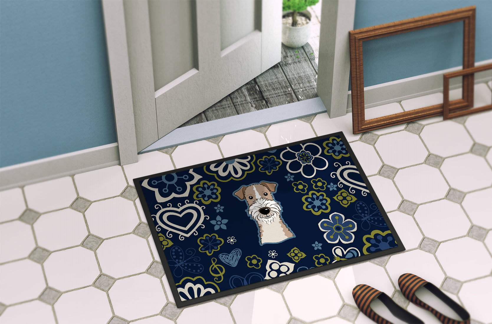 Blue Flowers Wire Haired Fox Terrier Indoor or Outdoor Mat 18x27 BB5098MAT - the-store.com