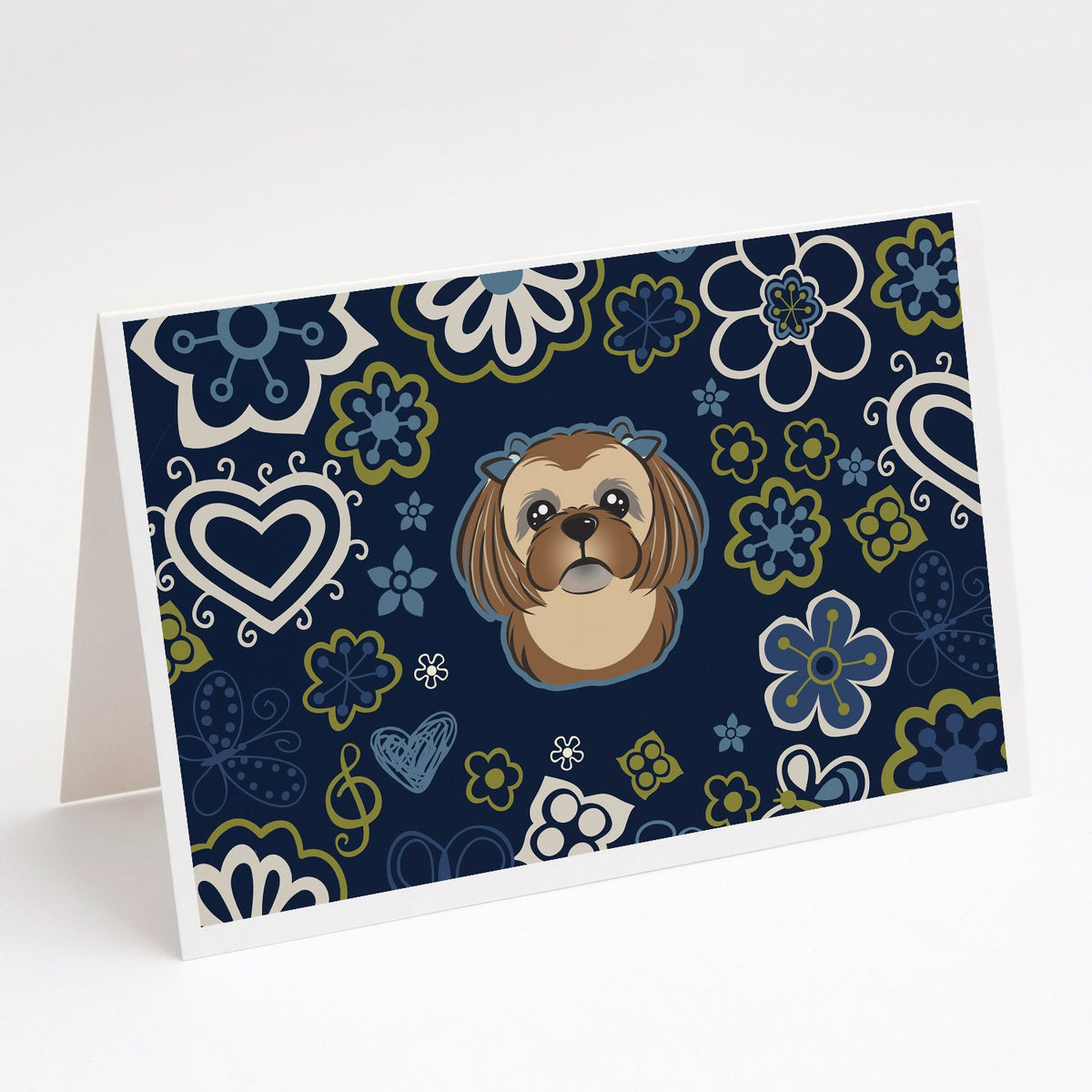 Buy this Blue Flowers Chocolate Brown Shih Tzu Greeting Cards and Envelopes Pack of 8