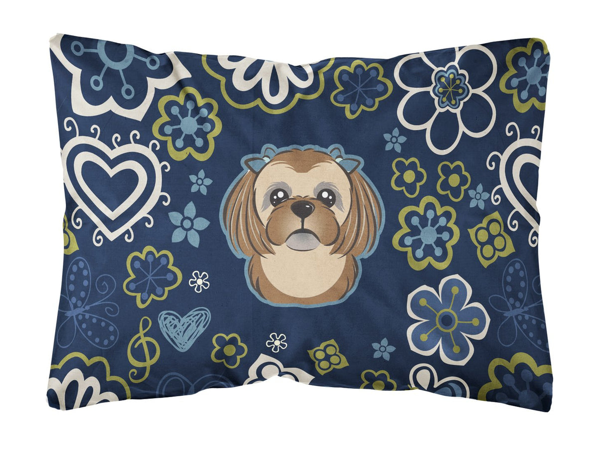 Blue Flowers Chocolate Brown Shih Tzu Canvas Fabric Decorative Pillow BB5100PW1216 by Caroline&#39;s Treasures