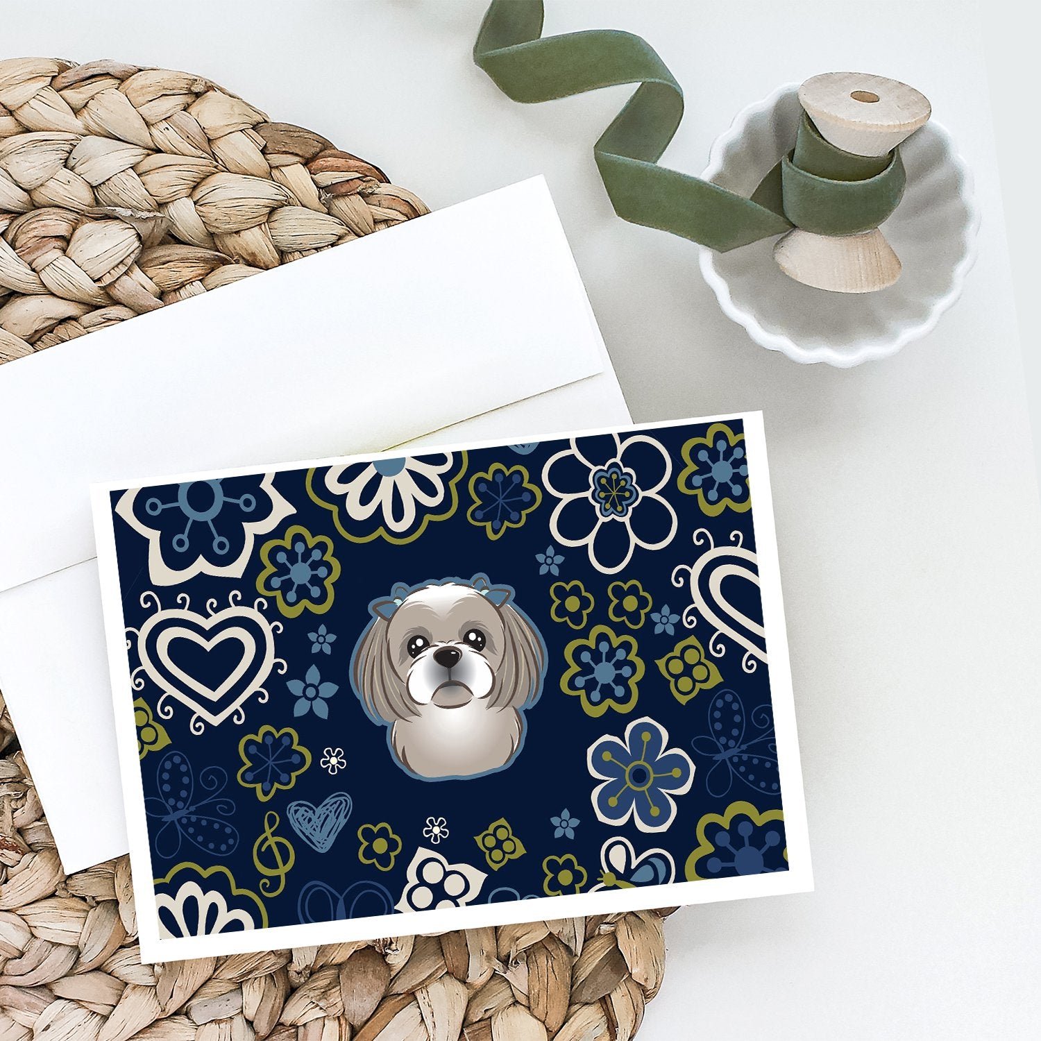 Blue Flowers Gray Silver Shih Tzu Greeting Cards and Envelopes Pack of 8 - the-store.com