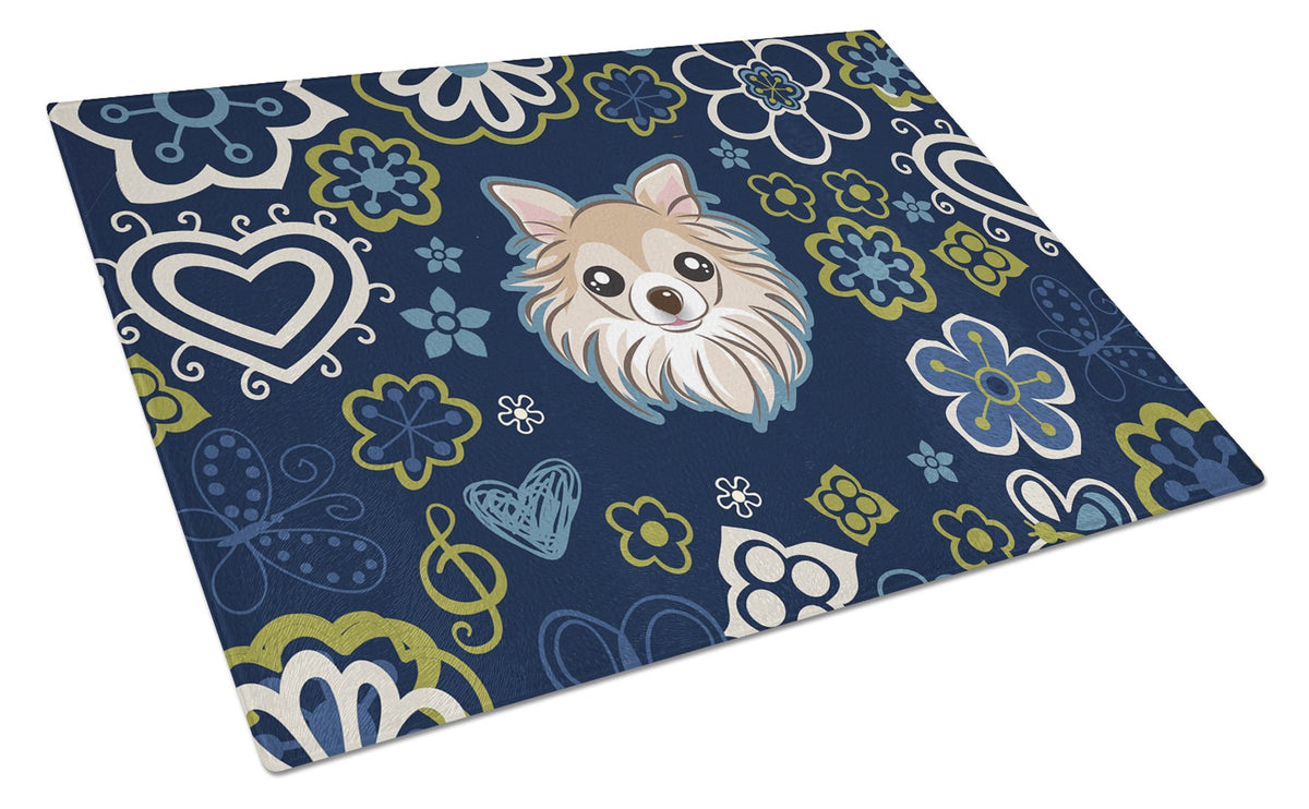 Blue Flowers Chihuahua Glass Cutting Board Large BB5102LCB by Caroline&#39;s Treasures