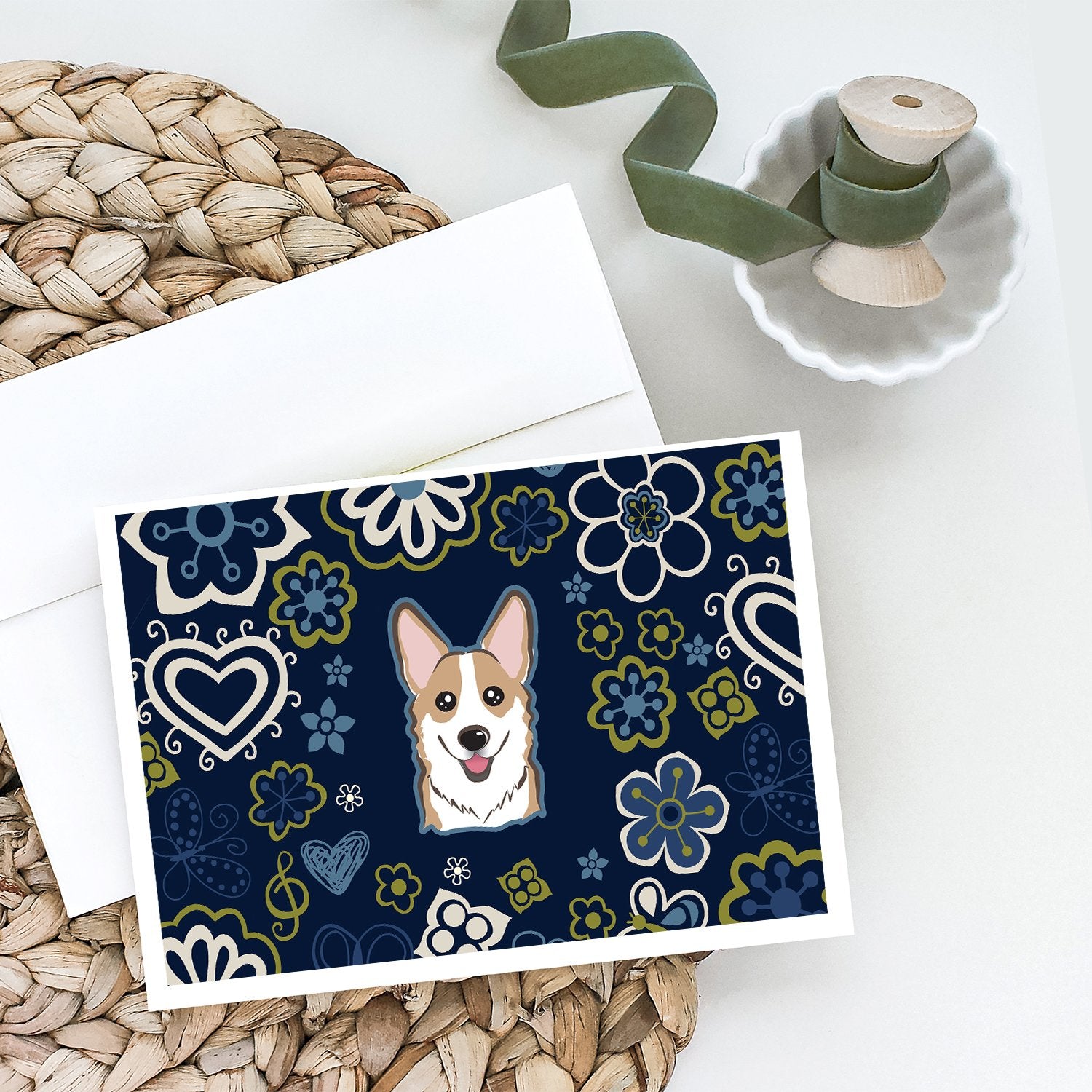 Blue Flowers Sable Corgi Greeting Cards and Envelopes Pack of 8 - the-store.com