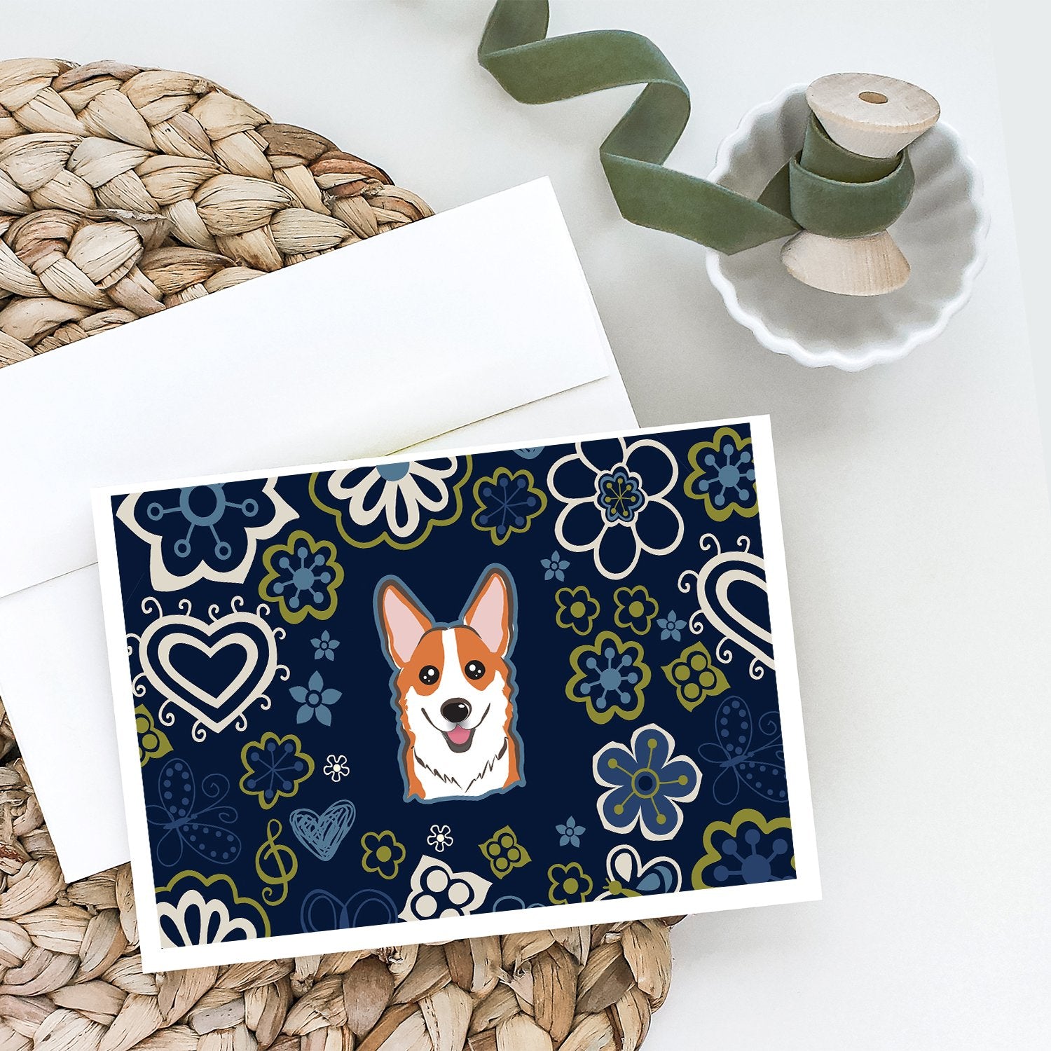 Blue Flowers Red Corgi Greeting Cards and Envelopes Pack of 8 - the-store.com