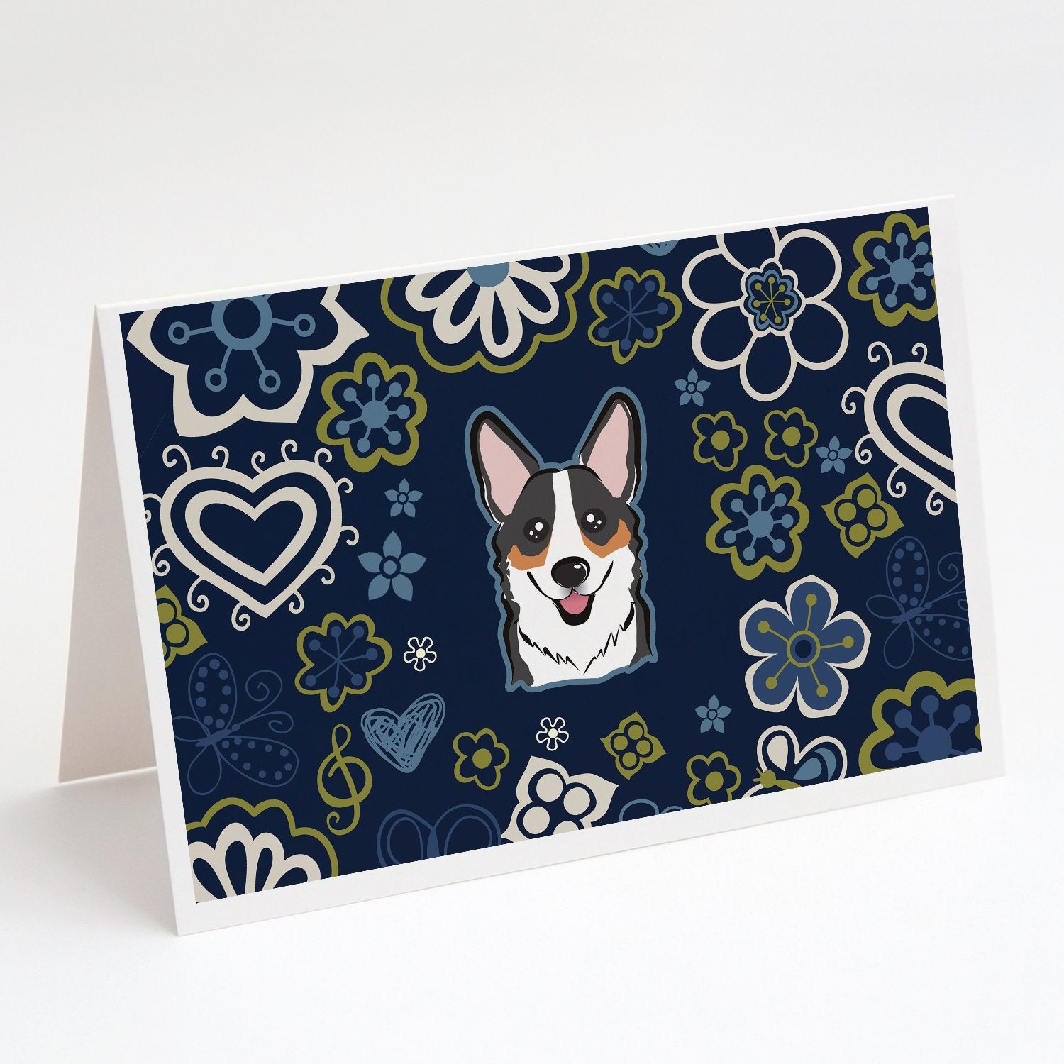 Buy this Blue Flowers Tricolor Corgi Greeting Cards and Envelopes Pack of 8