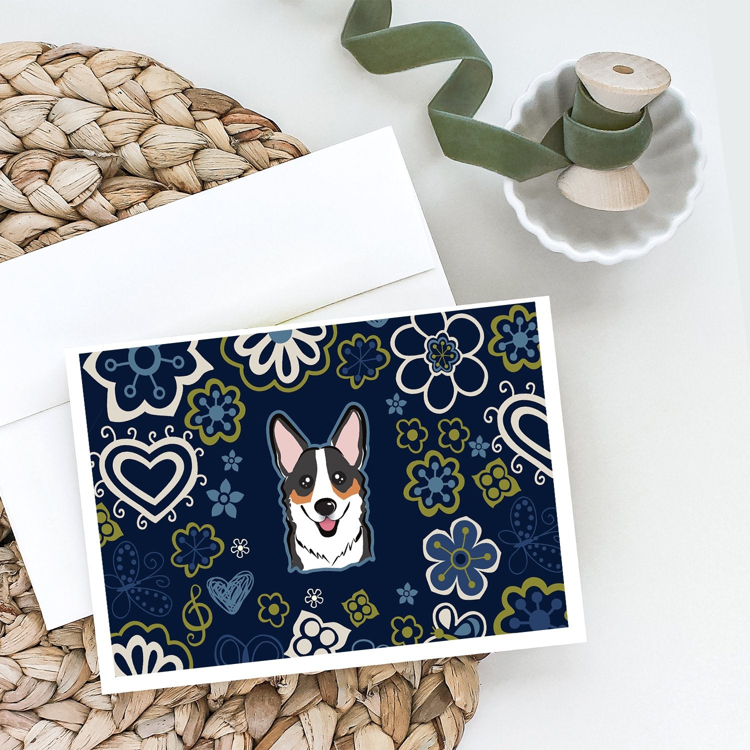 Blue Flowers Tricolor Corgi Greeting Cards and Envelopes Pack of 8 - the-store.com