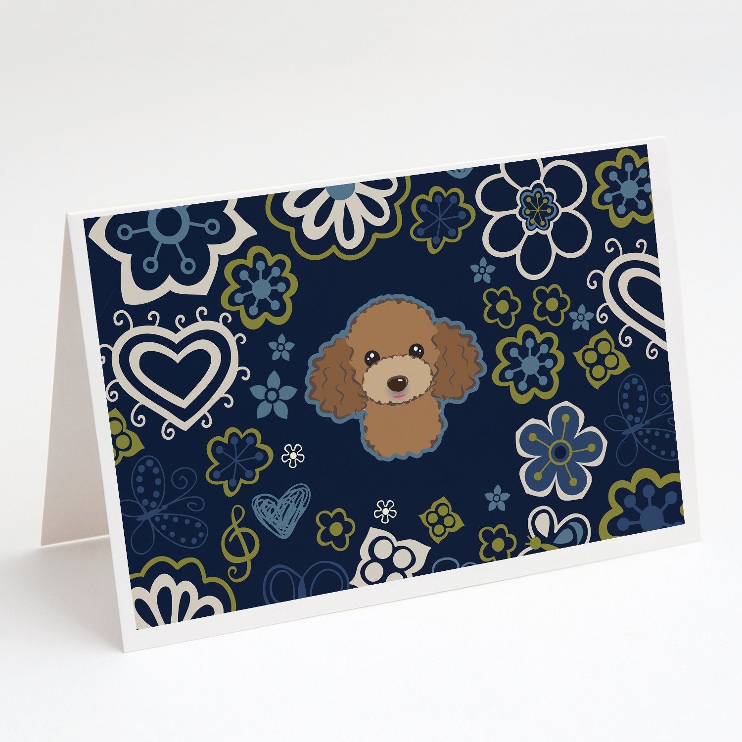 Buy this Blue Flowers Chocolate Brown Poodle Greeting Cards and Envelopes Pack of 8