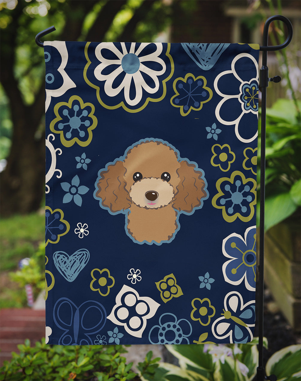 Blue Flowers Chocolate Brown Poodle Flag Garden Size BB5107GF  the-store.com.