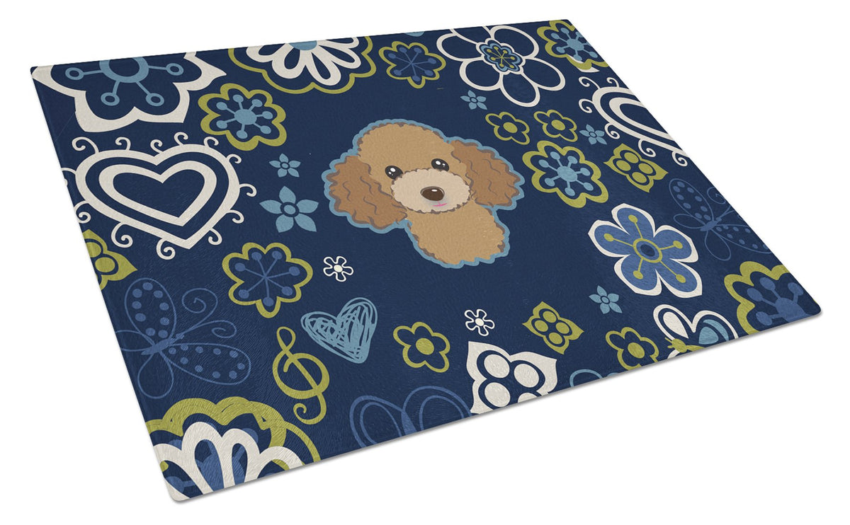Blue Flowers Chocolate Brown Poodle Glass Cutting Board Large BB5107LCB by Caroline&#39;s Treasures