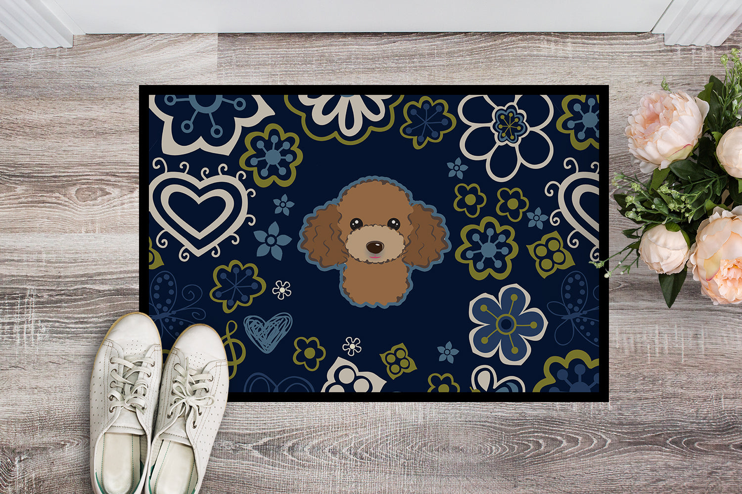 Blue Flowers Chocolate Brown Poodle Indoor or Outdoor Mat 18x27 BB5107MAT - the-store.com