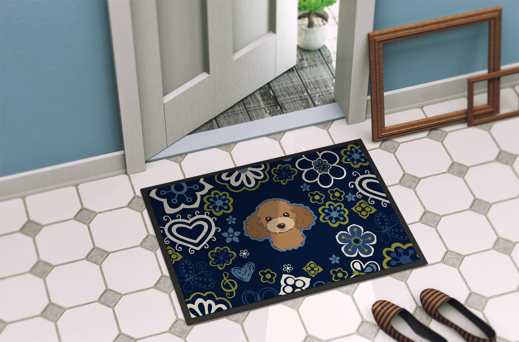 Blue Flowers Chocolate Brown Poodle Indoor or Outdoor Mat 18x27 BB5107MAT - the-store.com