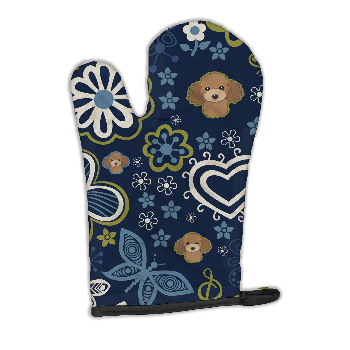 Blue Flowers Chocolate Brown Poodle Oven Mitt BB5107OVMT  the-store.com.