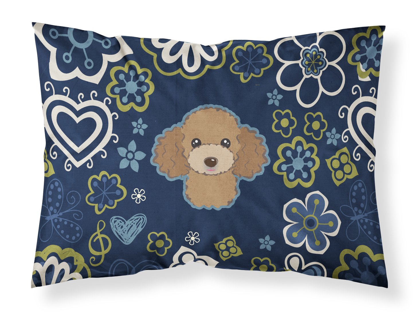 Blue Flowers Chocolate Brown Poodle Fabric Standard Pillowcase BB5107PILLOWCASE by Caroline's Treasures