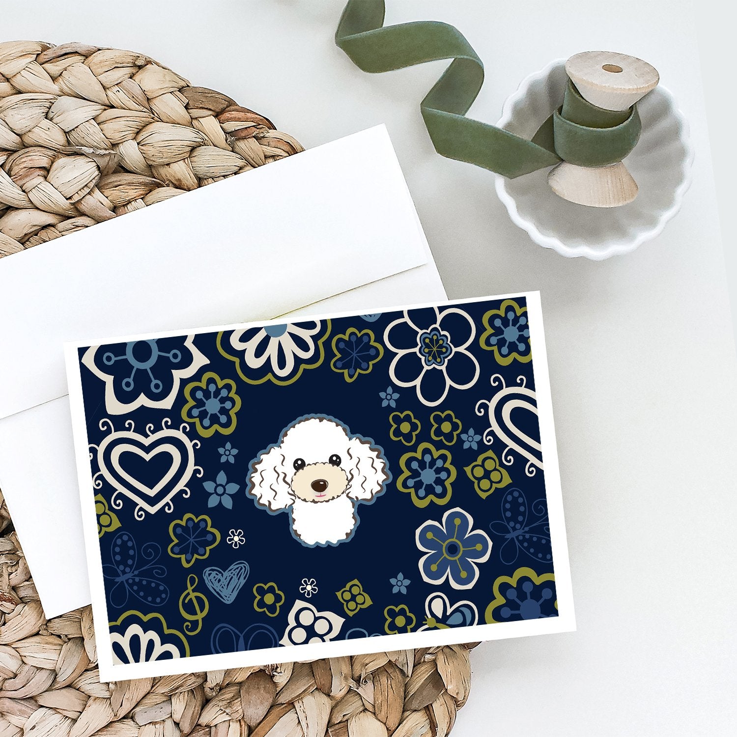 Blue Flowers White Poodle Greeting Cards and Envelopes Pack of 8 - the-store.com