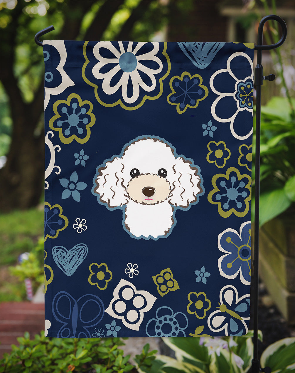 Blue Flowers White Poodle Flag Garden Size BB5108GF
