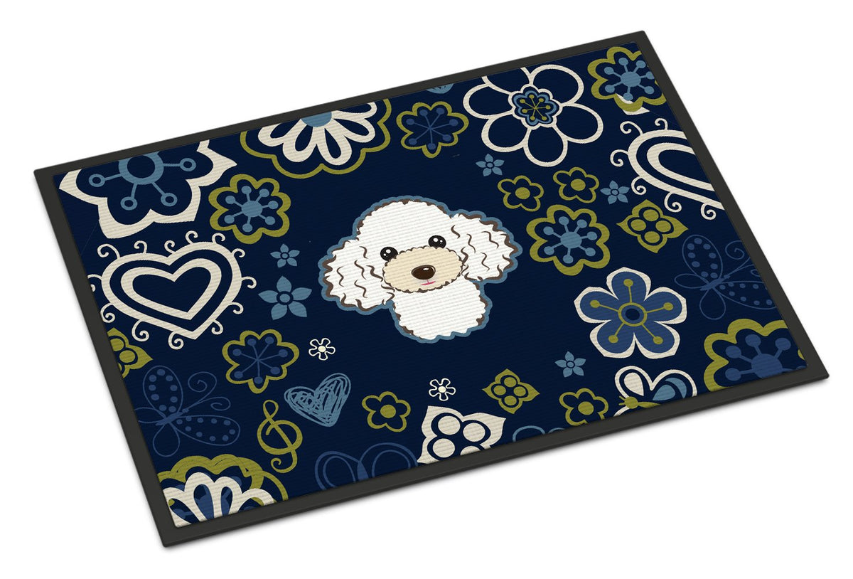 Blue Flowers White Poodle Indoor or Outdoor Mat 24x36 BB5108JMAT by Caroline&#39;s Treasures
