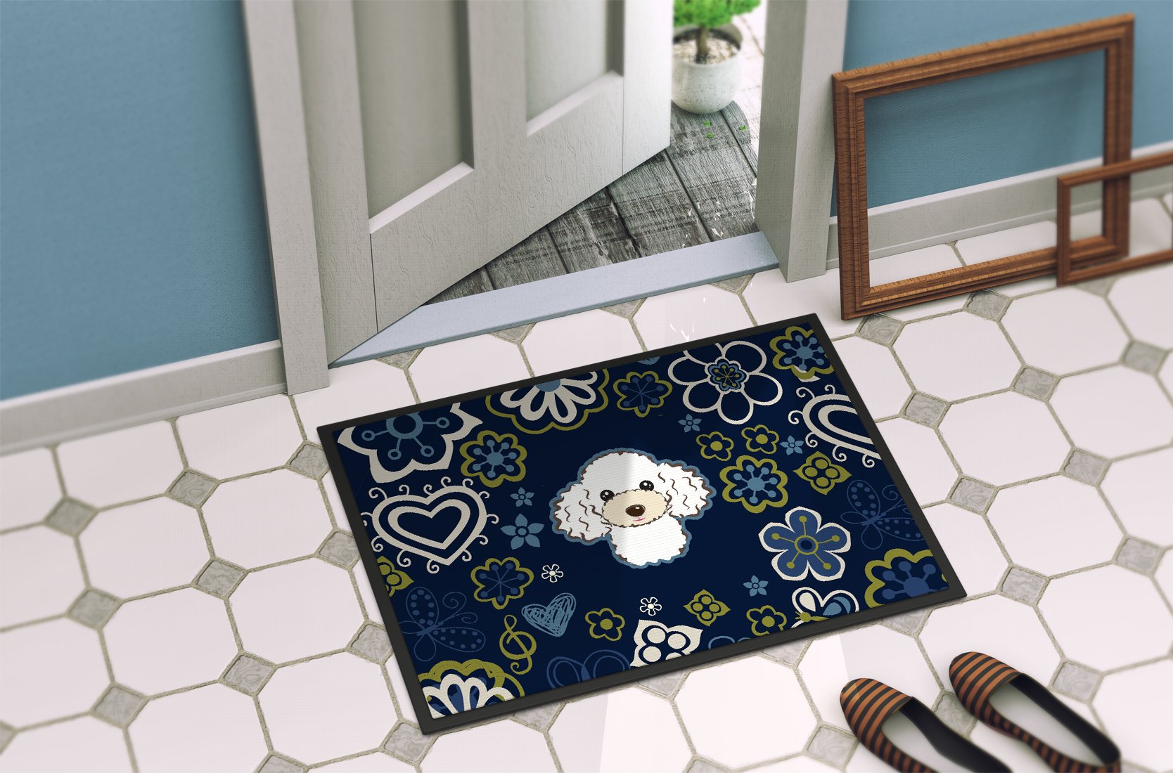 Blue Flowers White Poodle Indoor or Outdoor Mat 24x36 BB5108JMAT by Caroline's Treasures