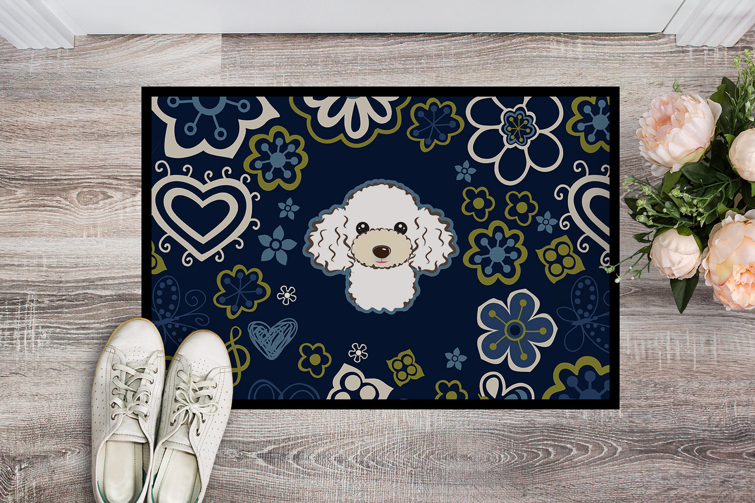 Blue Flowers White Poodle Indoor or Outdoor Mat 18x27 BB5108MAT - the-store.com