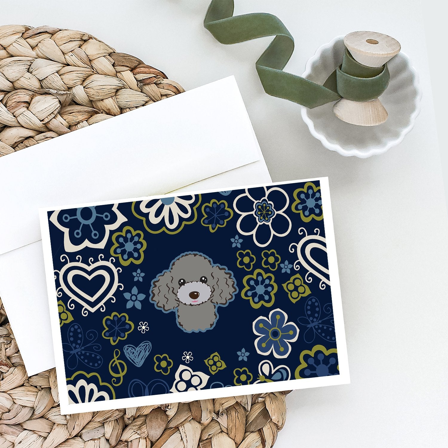 Blue Flowers Silver Gray Poodle Greeting Cards and Envelopes Pack of 8 - the-store.com