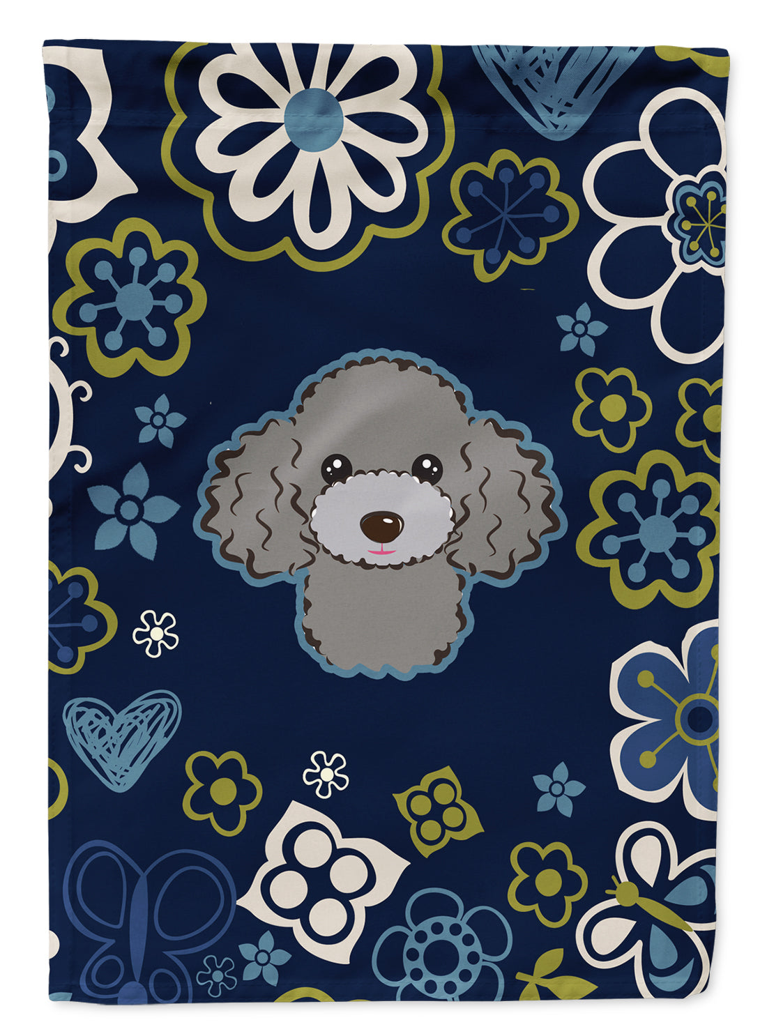 Blue Flowers Silver Gray Poodle Flag Garden Size  the-store.com.