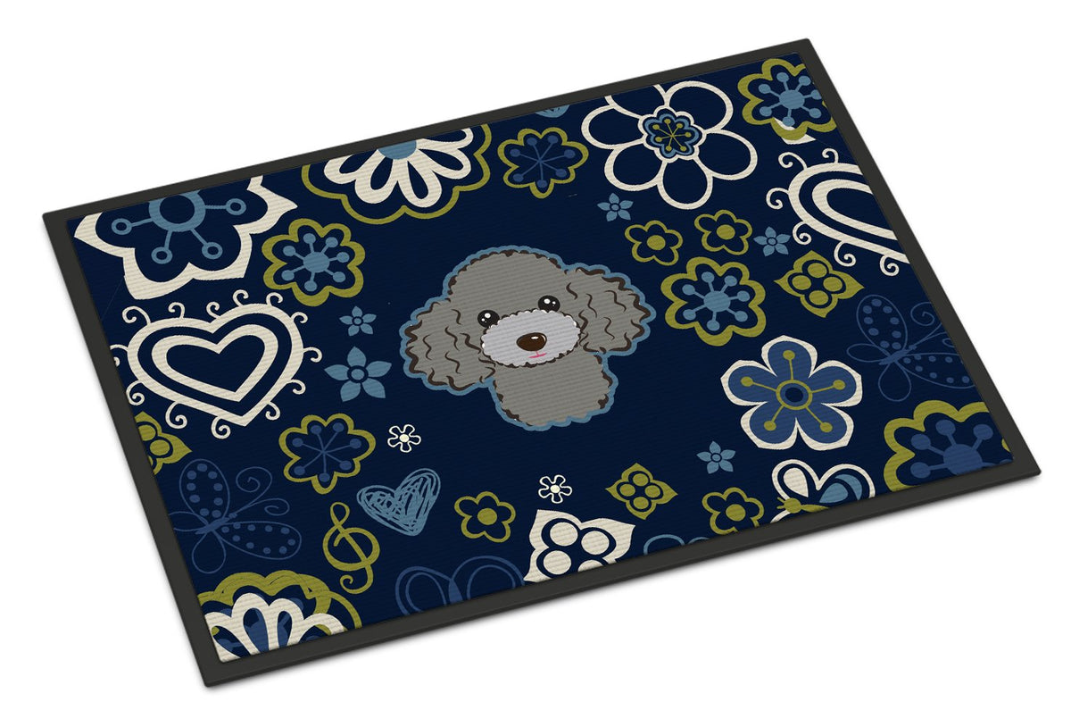 Blue Flowers Silver Gray Poodle Indoor or Outdoor Mat 24x36 BB5110JMAT by Caroline&#39;s Treasures