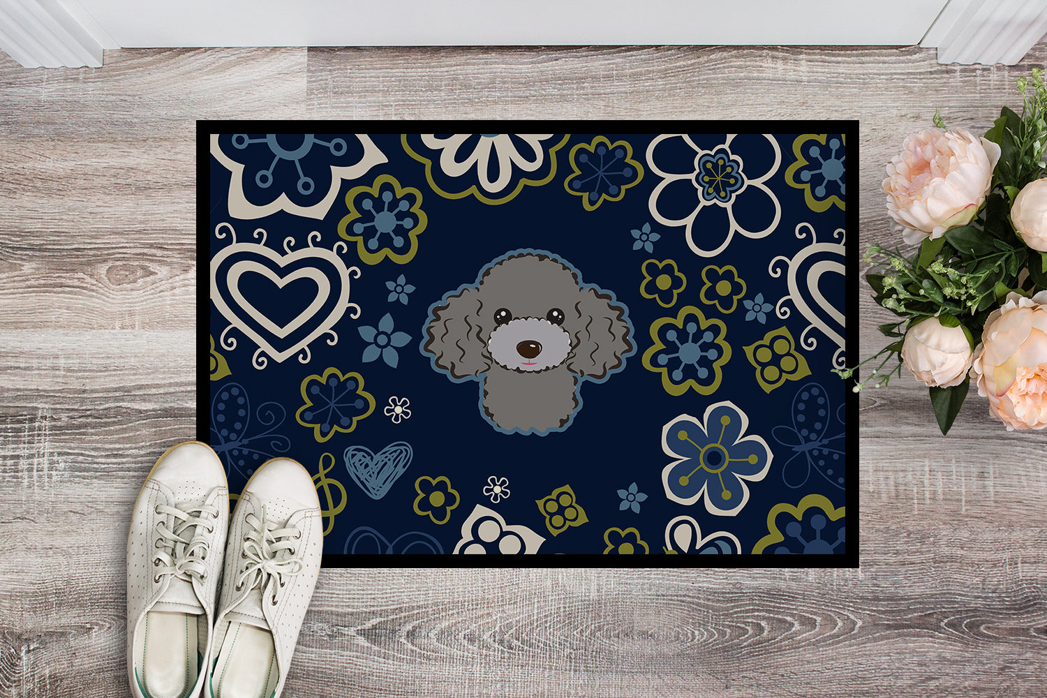 Blue Flowers Silver Gray Poodle Indoor or Outdoor Mat 18x27 BB5110MAT - the-store.com
