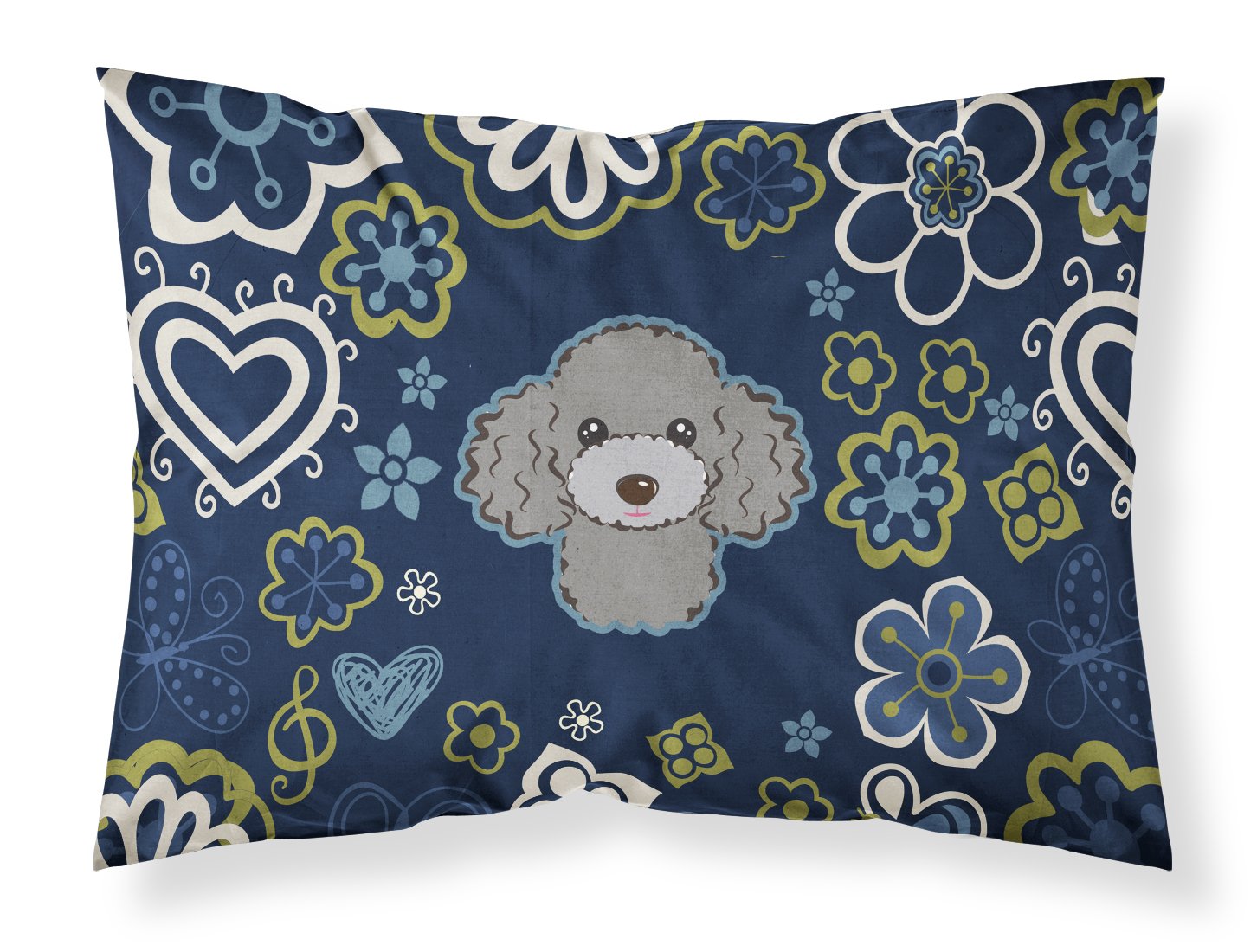 Blue Flowers Silver Gray Poodle Fabric Standard Pillowcase BB5110PILLOWCASE by Caroline's Treasures