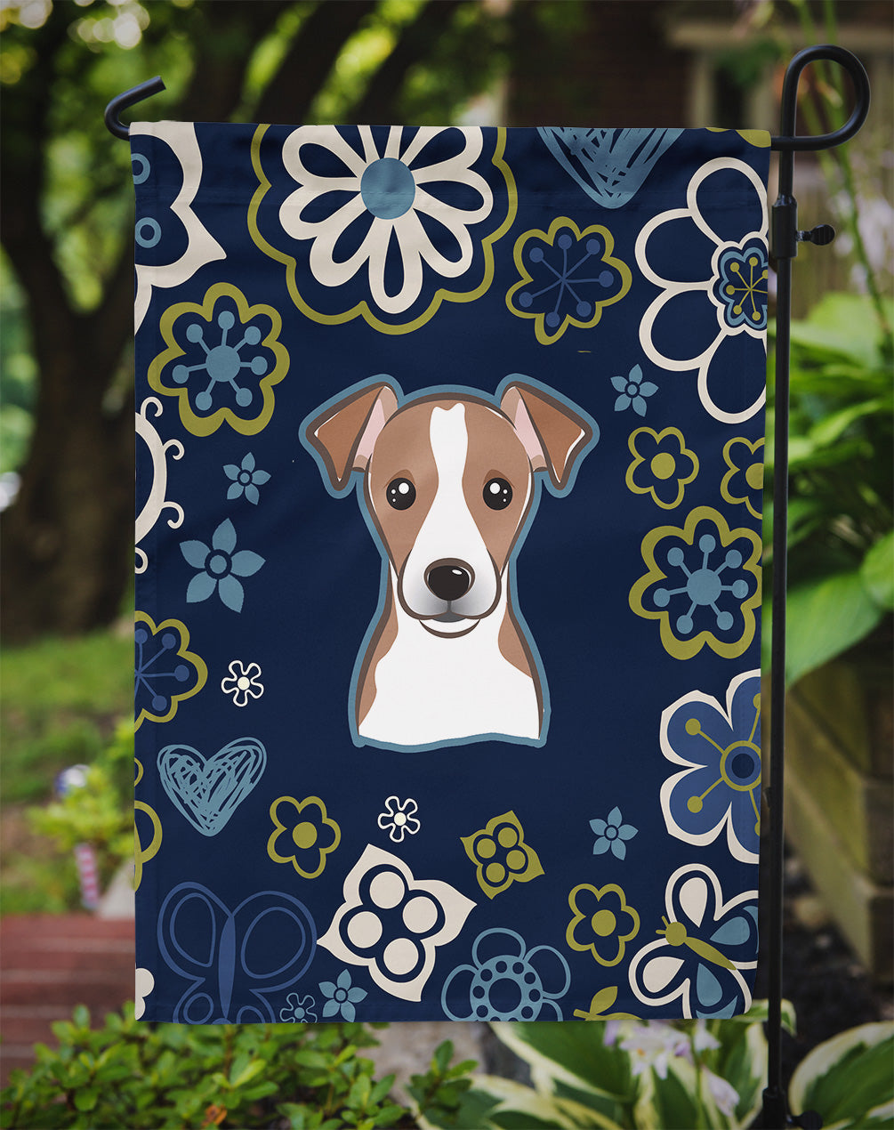 Blue Flowers Jack Russell Terrier Flag Garden Size