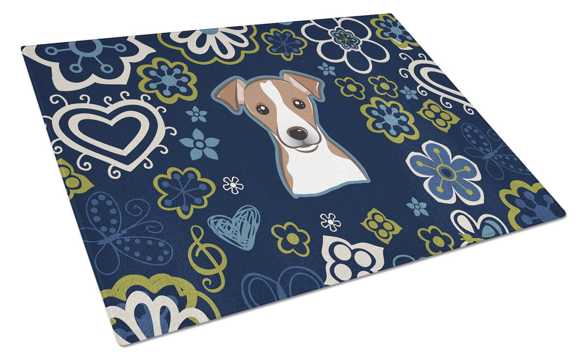 Caroline's Treasures Blue Flowers Jack Russell Terrier Glass Cutting Boards – Durable, Decorative Kitchen Art Large BB5111LCB