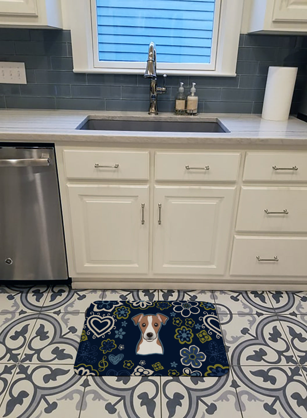 Blue Flowers Jack Russell Terrier Machine Washable Memory Foam Mat BB5111RUG - the-store.com