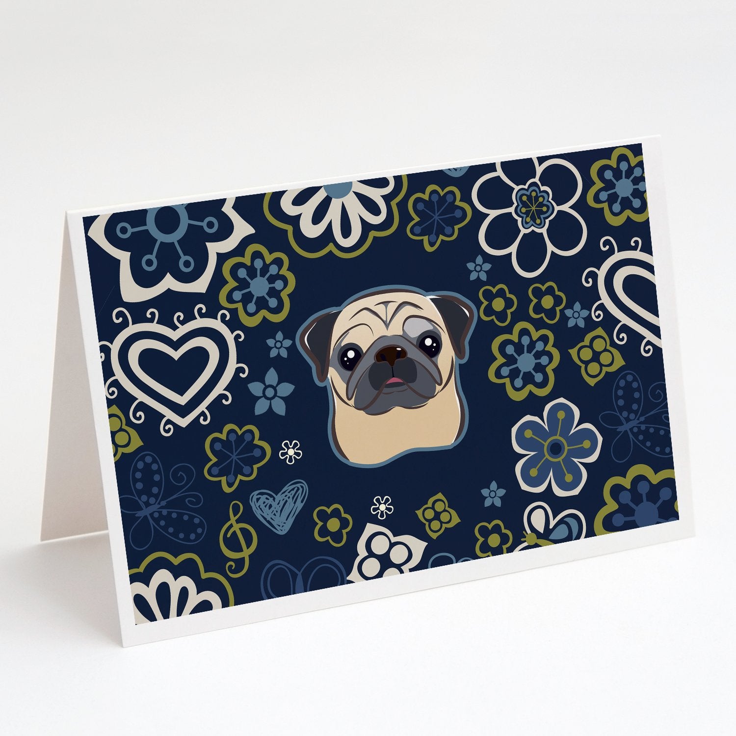 Buy this Blue Flowers Fawn Pug Greeting Cards and Envelopes Pack of 8