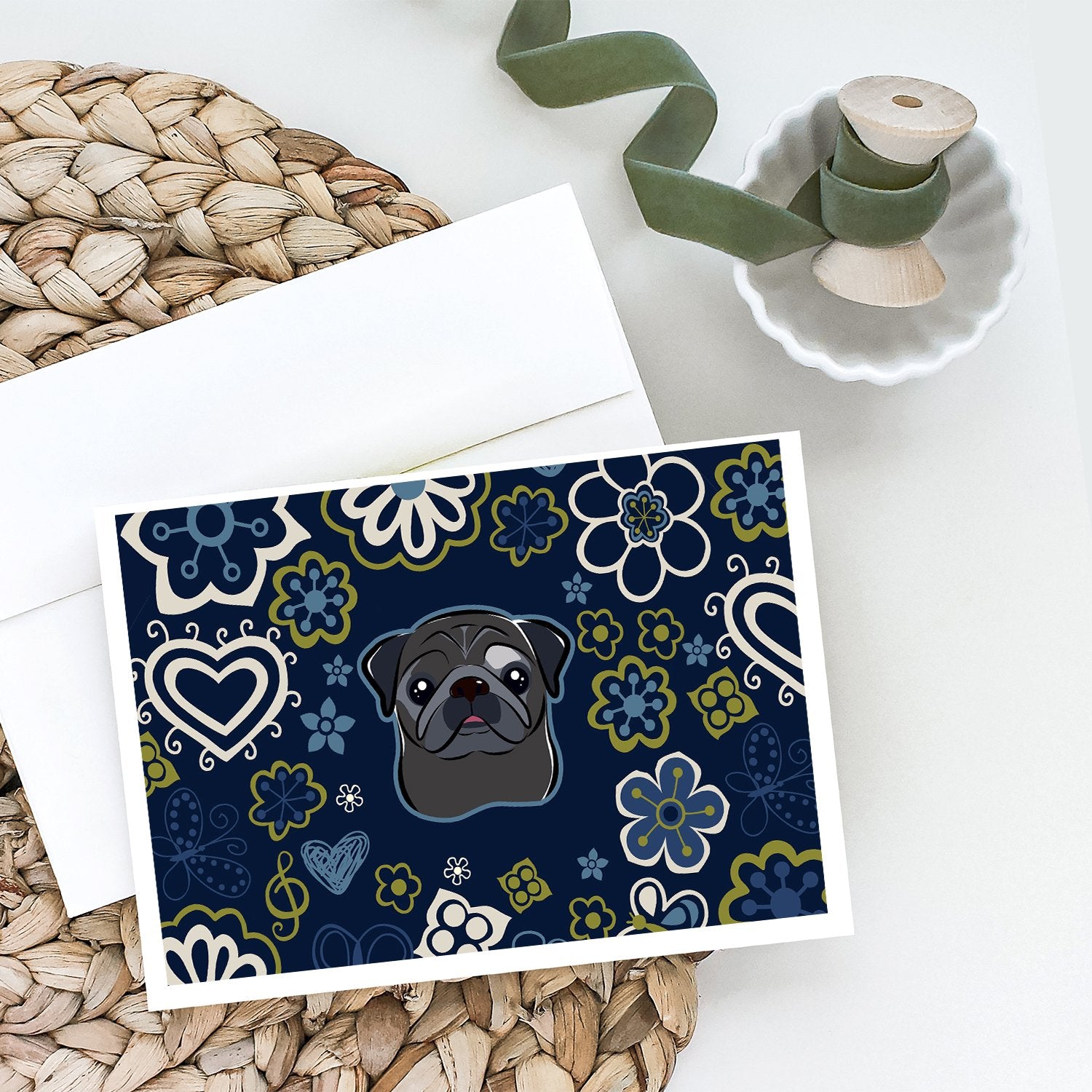 Buy this Blue Flowers Black Pug Greeting Cards and Envelopes Pack of 8