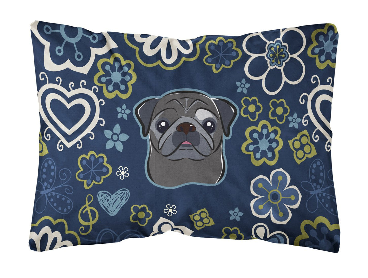 Blue Flowers Black Pug Canvas Fabric Decorative Pillow BB5114PW1216 by Caroline&#39;s Treasures