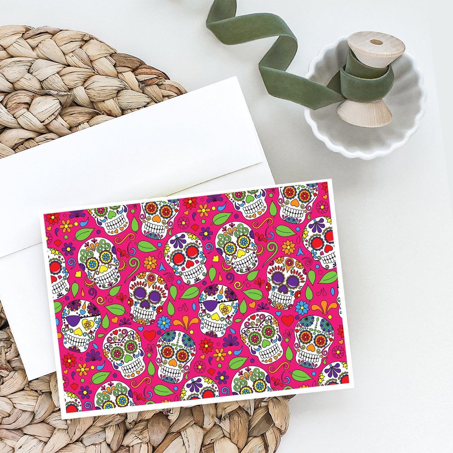 Day of the Dead Pink Greeting Cards and Envelopes Pack of 8 - the-store.com