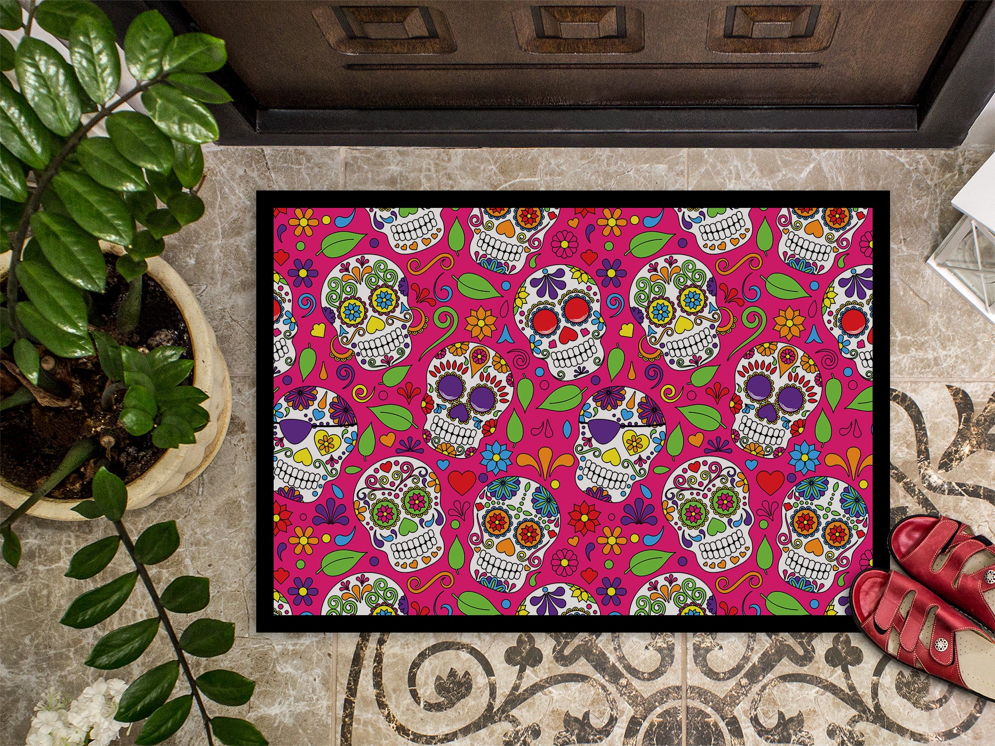 Day of the Dead Pink Indoor or Outdoor Mat 18x27 BB5115MAT - the-store.com
