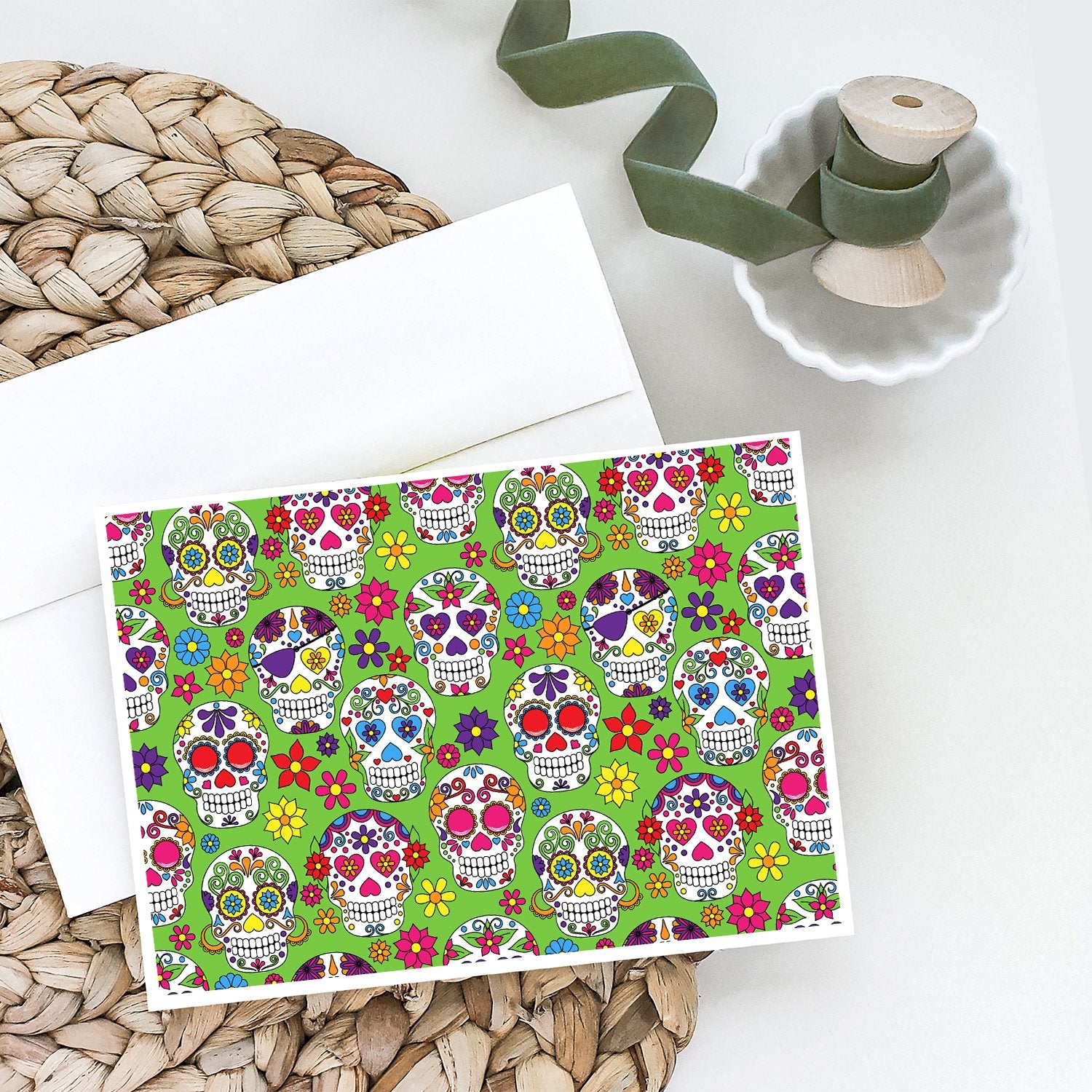 Day of the Dead Green Greeting Cards and Envelopes Pack of 8 - the-store.com