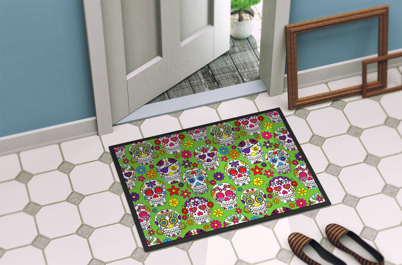 Day of the Dead Green Indoor or Outdoor Mat 18x27 BB5117MAT - the-store.com