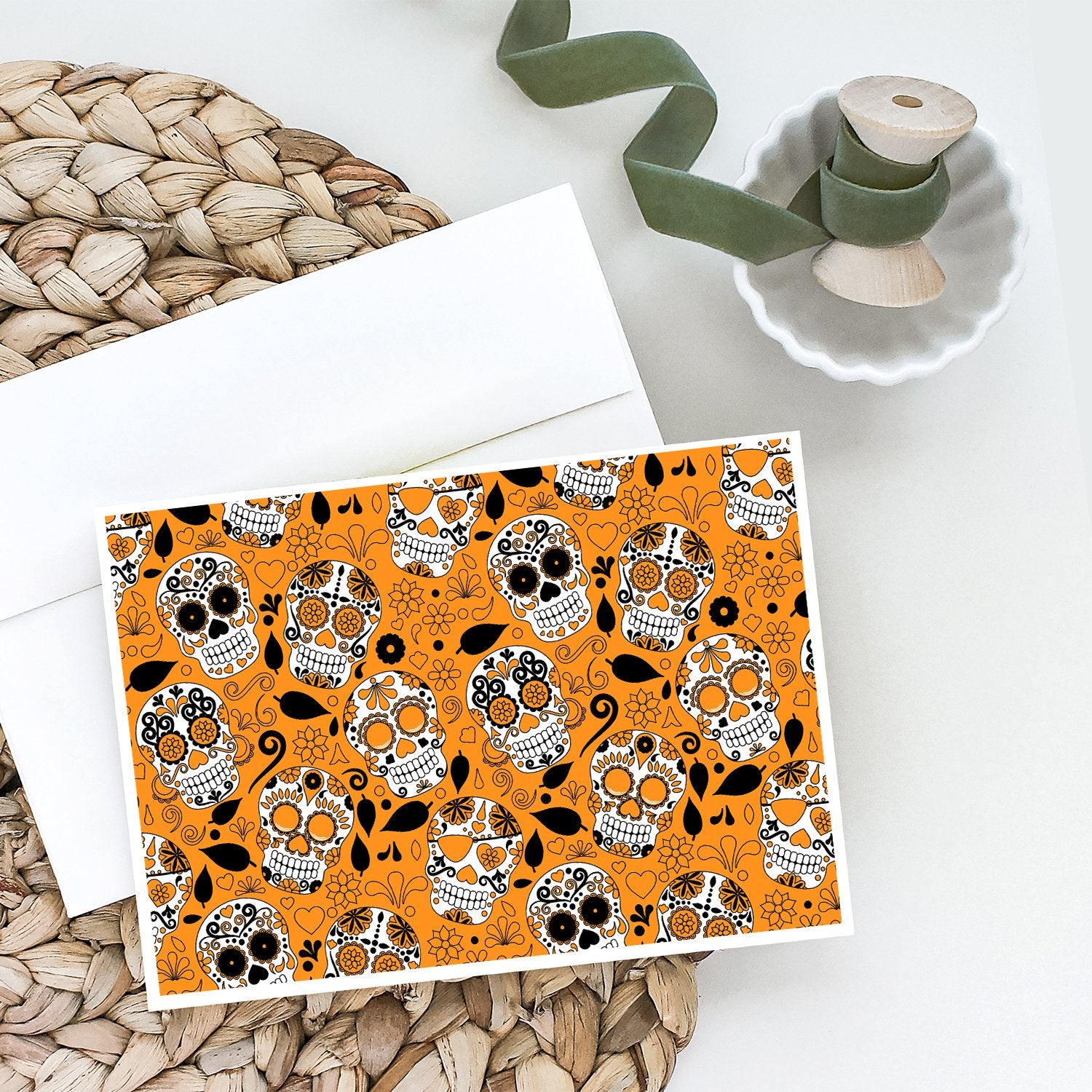 Buy this Day of the Dead Orange Greeting Cards and Envelopes Pack of 8