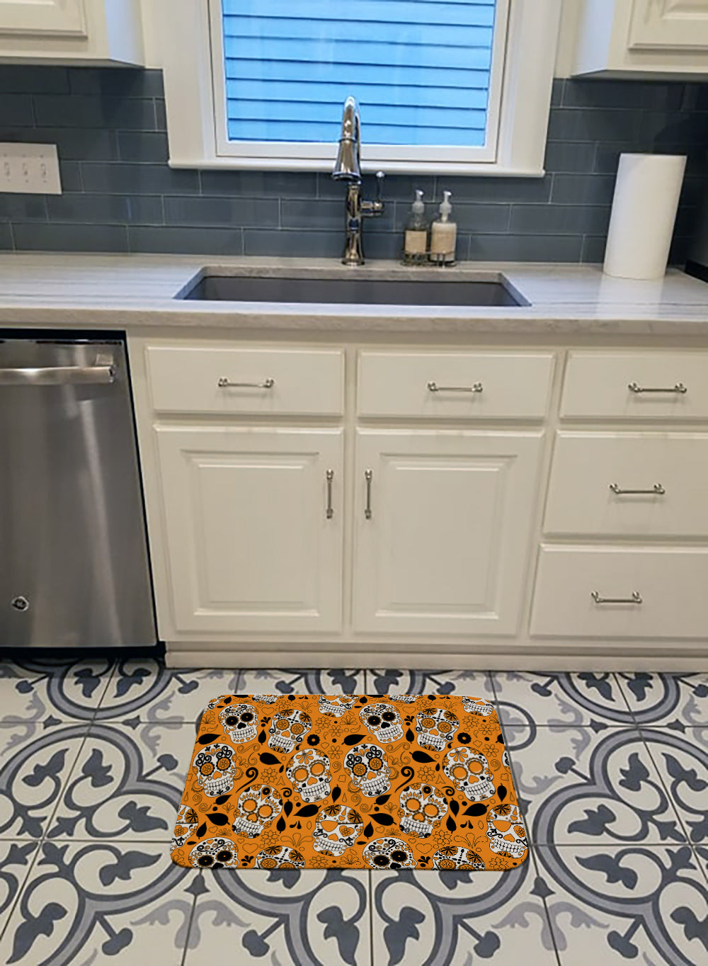Day of the Dead Orange Machine Washable Memory Foam Mat BB5118RUG - the-store.com