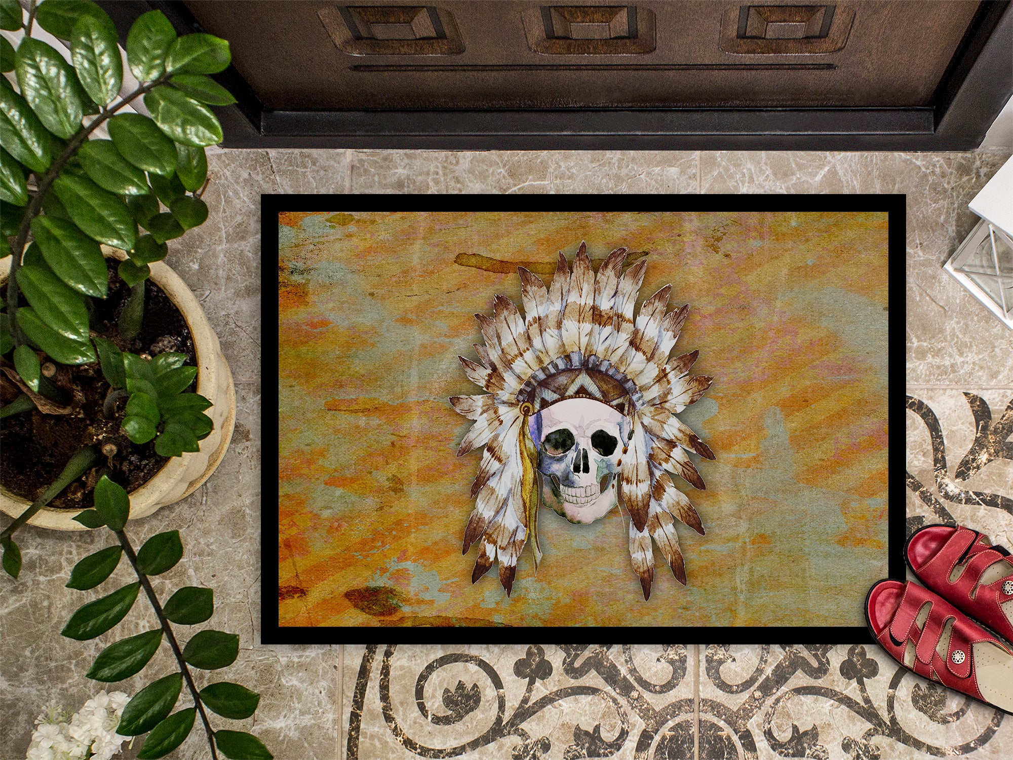 Day of the Dead Indian Skull Indoor or Outdoor Mat 18x27 BB5121MAT - the-store.com
