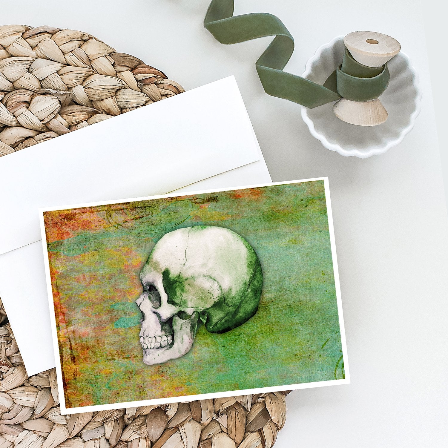 Day of the Dead Green Skull Greeting Cards and Envelopes Pack of 8 - the-store.com