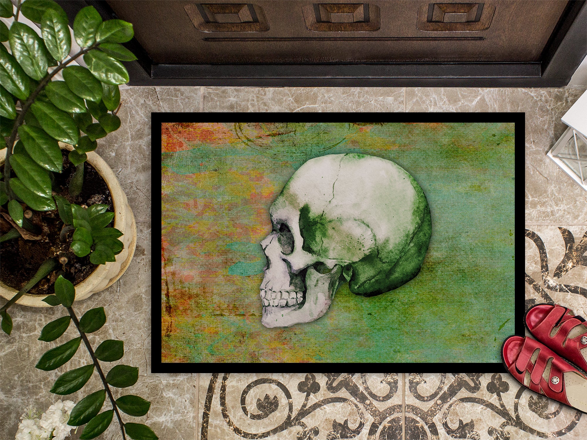 Day of the Dead Green Skull Indoor or Outdoor Mat 18x27 BB5122MAT - the-store.com