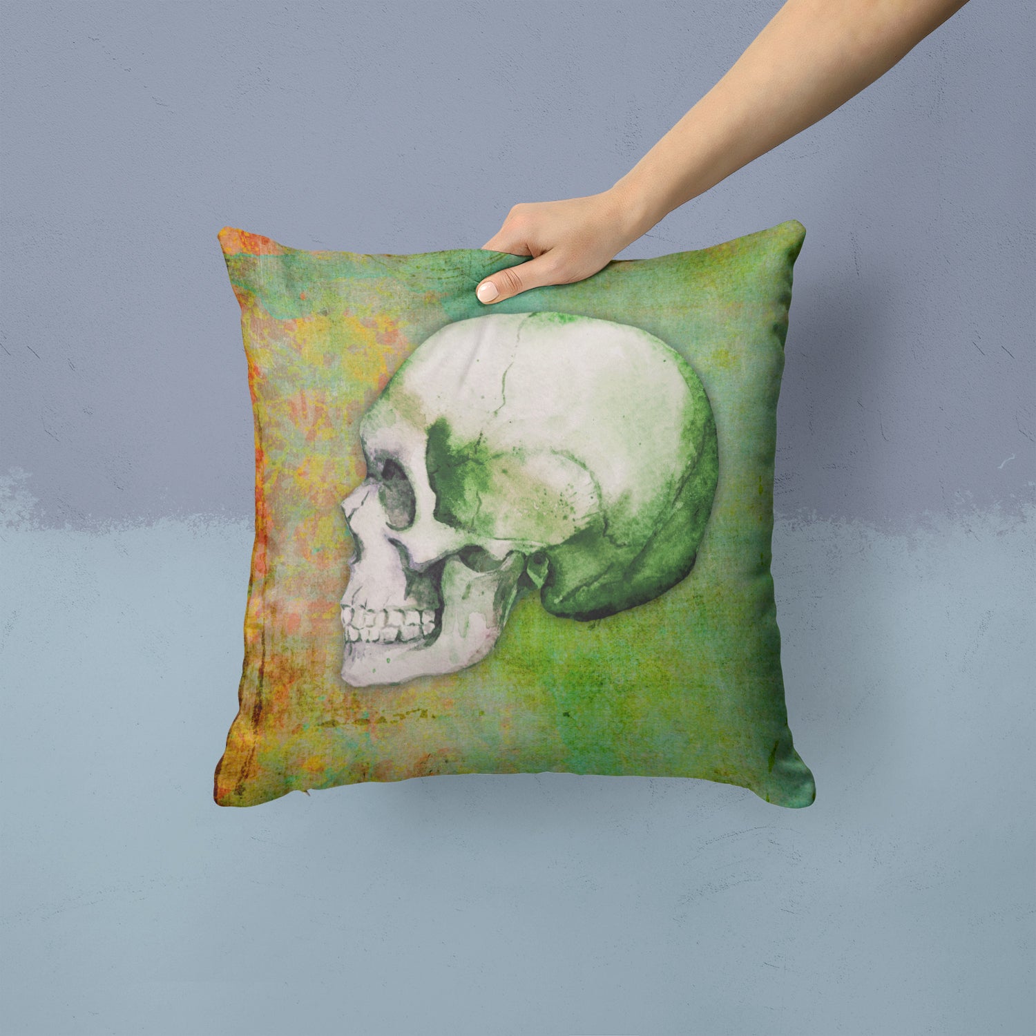Day of the Dead Green Skull Fabric Decorative Pillow BB5122PW1414 - the-store.com