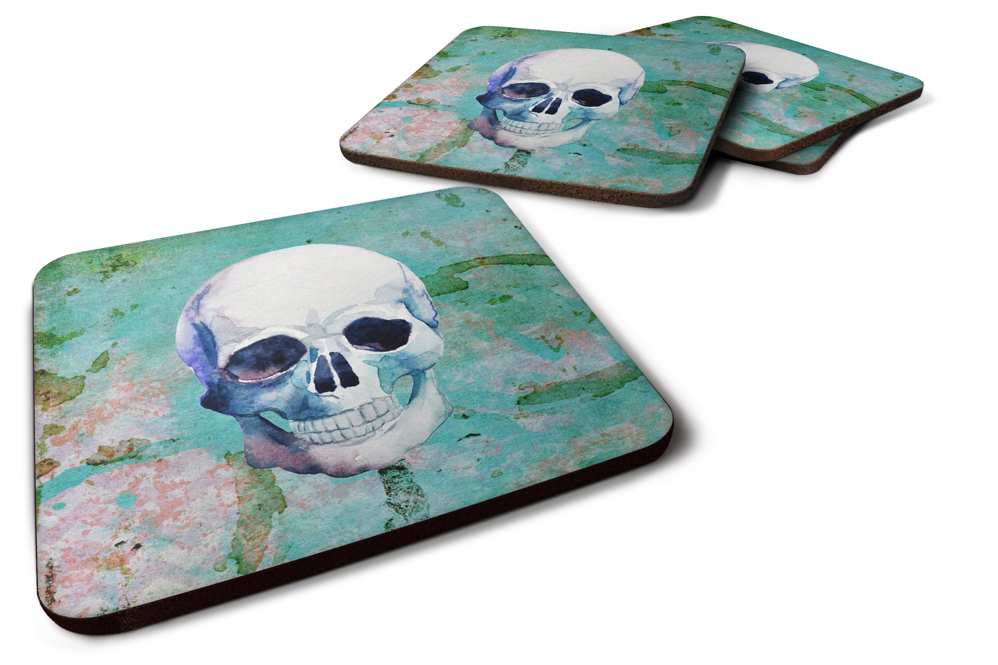 Day of the Dead Teal Skull Foam Coaster Set of 4 BB5123FC - the-store.com